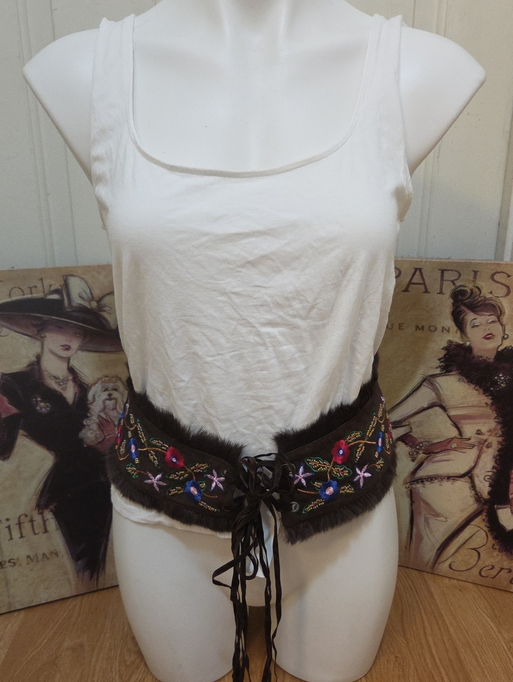 Embroidered Floral Rabbit Fur Trim Waist Belt - Brown